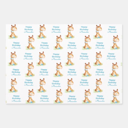 Blaue Wasserfarbe Kleines Pferd Geschenkpapier Set (Vorderseite)