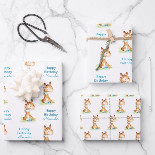 Blaue Wasserfarbe Kleines Pferd Geschenkpapier Set (Vorderseite)