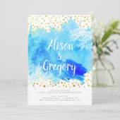 Blaue Wasserfarbe, Korallenriff Confetti-Verlobung Einladung (Stehend Vorderseite)
