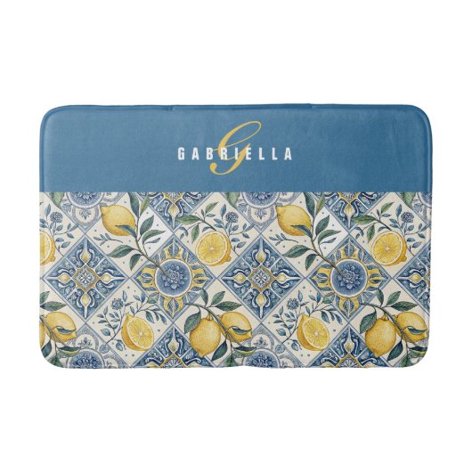 Blaue Wasserfarbe-Limonen-Monogramm Gelb Badematte (Vorderseite)