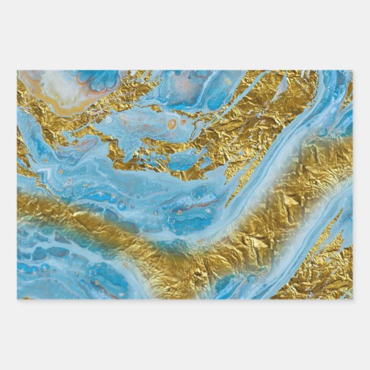 Blaue Wasserfarbe Marmor & Goldfolie Geschenkpapier Set (Vorderseite)