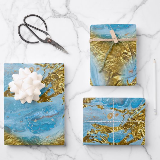 Blaue Wasserfarbe Marmor & Goldfolie Geschenkpapier Set (Vorderseite)