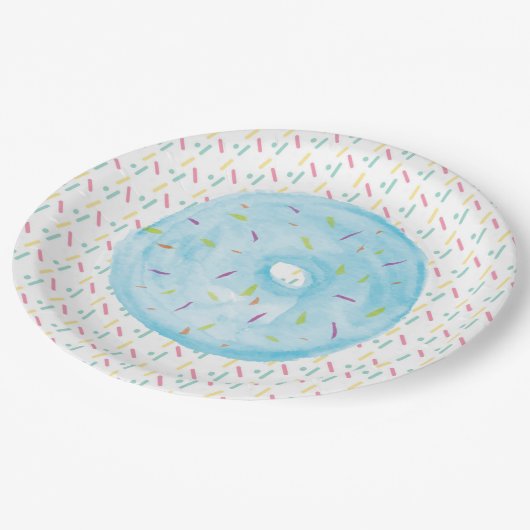 Blaue Wasserfarbe Mattiert Donut und Sprinklen Pappteller (Schrägansicht)