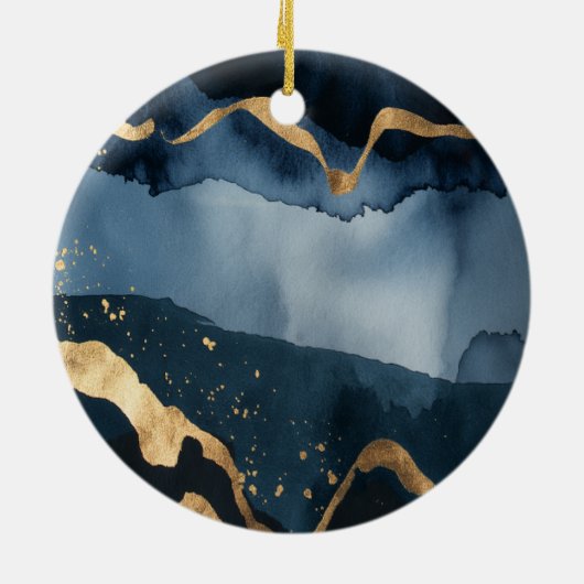 Blaue Wasserfarbe mit Goldflecken Keramik Ornament (Hinten)