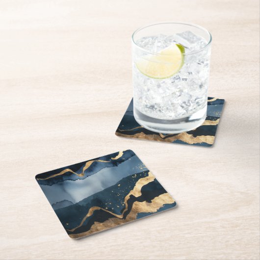 Blaue Wasserfarbe mit Goldflecken Rechteckiger Pappuntersetzer (Vor Ort)