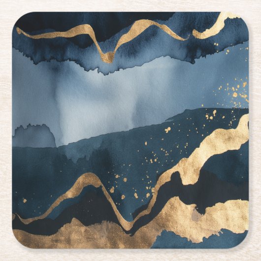 Blaue Wasserfarbe mit Goldflecken Rechteckiger Pappuntersetzer (Vorderseite)