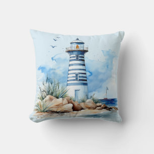 Blaue Wasserfarbe-Nautik-Leuchtturm-Wurfkissen Kissen