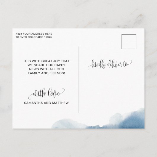 Blaue Wasserfarbe, nur Verlobt Got, Verlobung Ankündigungspostkarte (Rückseite)