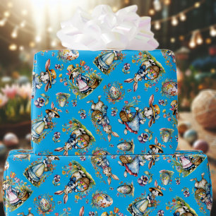 Blaue Wasserfarbe-Osterhasen-Eier-Blumen im Vintag Geschenkpapier