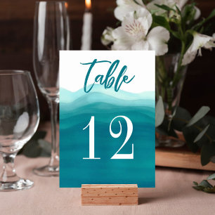 Blaue Wasserfarbe-Ozeanwellen Strandhochzeit Tischnummer