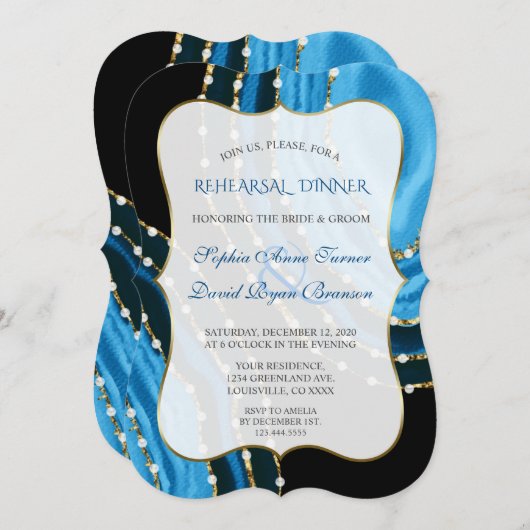 Blaue Wasserfarbe Perlen Probe Abendessen Einladung (Vorne/Hinten)