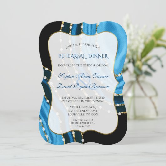 Blaue Wasserfarbe Perlen Probe Abendessen Einladung (Stehend Vorderseite)