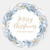 Blaue Wasserfarbe Personalisiert Weihnachten Runder Aufkleber (Vorderseite)