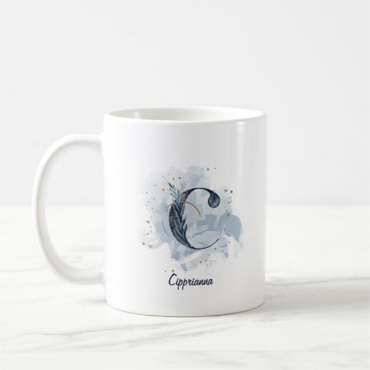 Blaue Wasserfarbe personalisierter Name Buchstabe Kaffeetasse (Links)