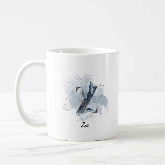 Blaue Wasserfarbe personalisierter Name Buchstabe Kaffeetasse (Links)