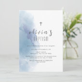 Blaue Wasserfarbe Schwarzes Kreuz Christening Tauf Einladung (Stehend Vorderseite)