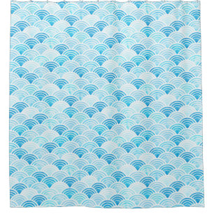 Blaue Wasserfarbe Seigaiha Waves Muster Duschvorhang