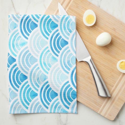 Blaue Wasserfarbe Seigaiha Waves Muster Küchentuch (Viertel Falte)