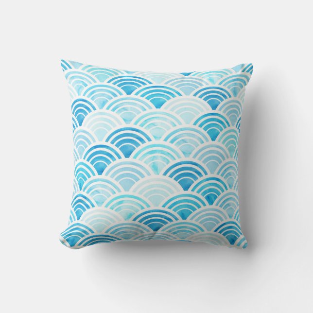 Blaue Wasserfarbe Seigaiha Waves Muster Pillow Kissen (Vorderseite)