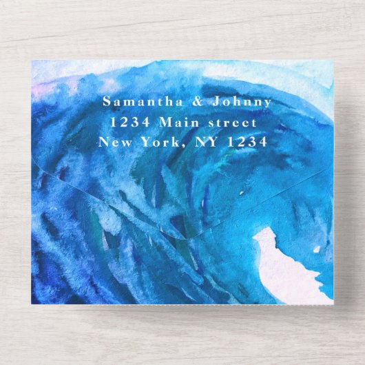 Blaue Wasserfarbe Tropische Destination Ozeanwelle All In One Einladung (Rückseite)