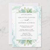 Blaue Wasserfarbe und Grüne Hochzeit Einladung (Vorderseite)