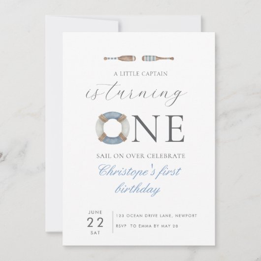 Blaue Wasserfarbe Unser kleiner Kapitän dreht sich Einladung (Vorderseite)