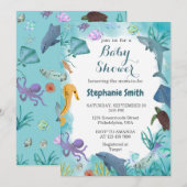 Blaue Wasserfarbe unter der Sea Baby-Dusche Einladung (Vorne/Hinten)