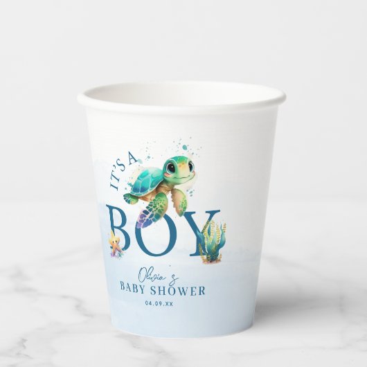 Blaue Wasserfarbe unter der Sea Baby-Dusche Pappbecher (Vorderseite)