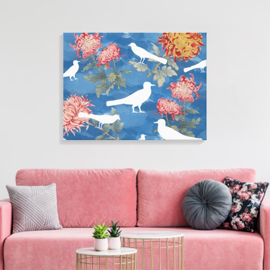Blaue Wasserfarbe Vintage Blume und Vögel Leinwanddruck (Insitu (Wohnzimmer))