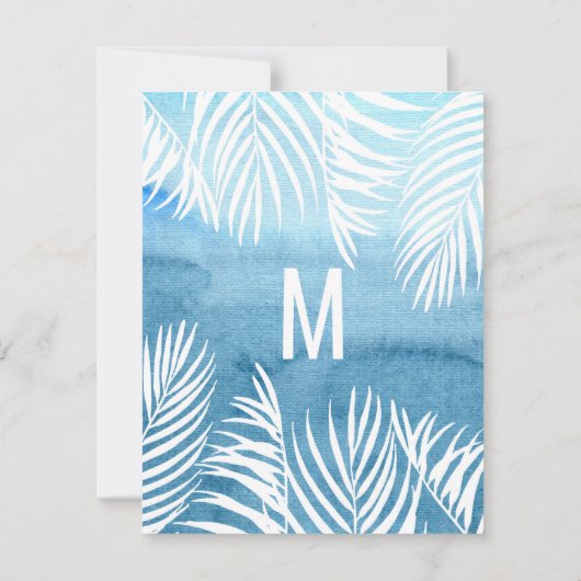 Blaue Wasserfarbe von weißen Palmenblättern RSVP Karte (Rückseite)