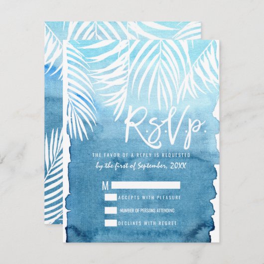 Blaue Wasserfarbe von weißen Palmenblättern RSVP Karte (Vorne/Hinten)
