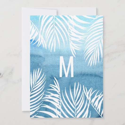 Blaue Wasserfarbe von weißen Palmenblättern Save The Date (Rückseite)