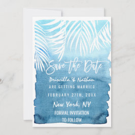 Blaue Wasserfarbe von weißen Palmenblättern Save The Date