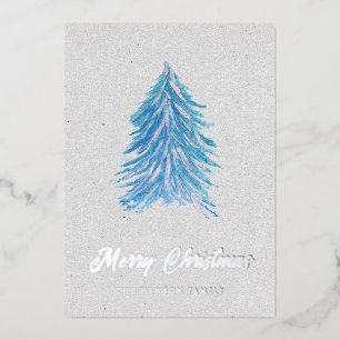 Blaue Wasserfarbe-Weihnachtsbaum Einfach Fröhlich  Folien Feiertagskarte