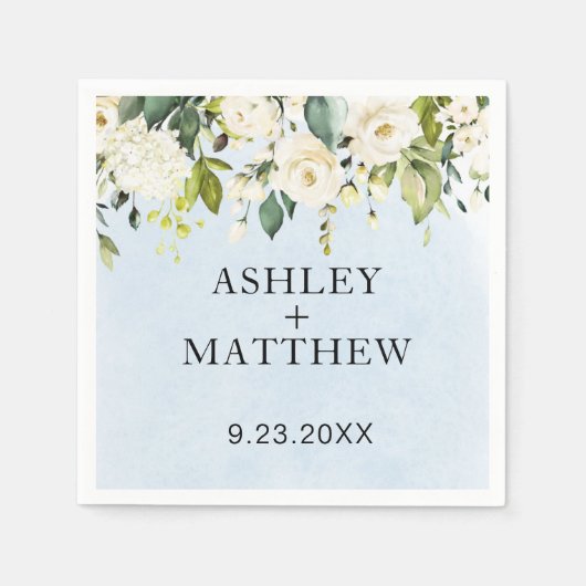 Blaue Wasserfarbe Weiße Rose Elegante Hochzeit Nap Serviette (Vorderseite)