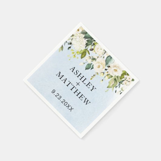 Blaue Wasserfarbe Weiße Rose Elegante Hochzeit Nap Serviette (Ecke)