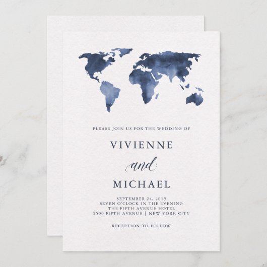 Blaue Wasserfarbe Weltkarte von Weiß | Hochzeit Einladung (Vorne/Hinten)