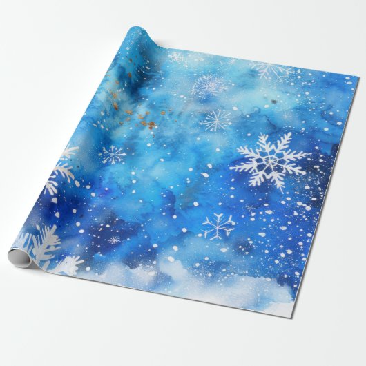 Blaue Wasserfarbe Winter Schneeflocken Geschenkpapier (Ungerollt)