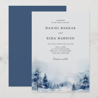 Blaue Wasserfarbe Winterpinienbäume Hochzeit Wald Einladung
