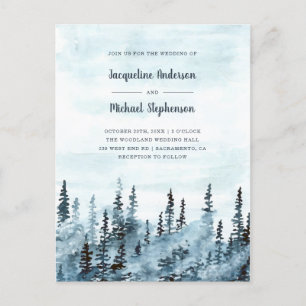 Blaue Wasserfarbe Winterwald Hochzeit Einladungspostkarte