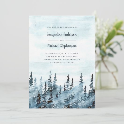 Blaue Wasserfarbe Winterwald Rustikale Hochzeit Einladung (Stehend Vorderseite)