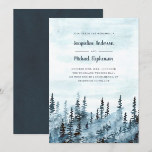 Blaue Wasserfarbe Winterwald Rustikale Hochzeit Einladung