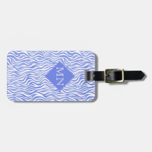 Blaue Wasserfarbe Zebra Muster | Monogramm Gepäckanhänger (Vorderseite horizontal)