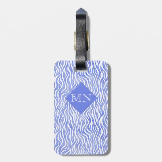 Blaue Wasserfarbe Zebra Muster | Monogramm Gepäckanhänger (Rückseite vertikal)