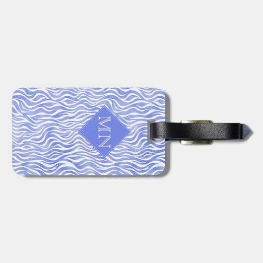 Blaue Wasserfarbe Zebra Muster | Monogramm Gepäckanhänger (Rückseite horizontal)