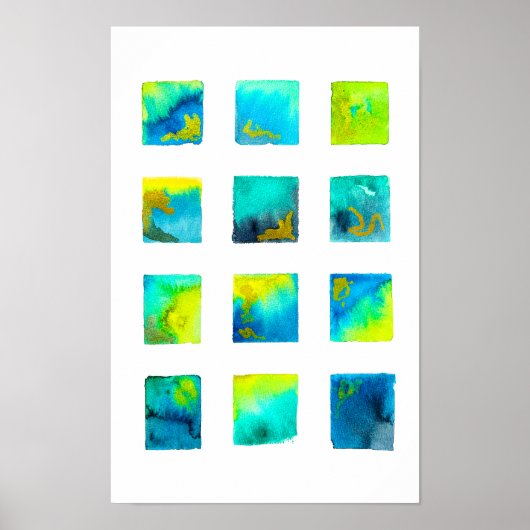 Blaue Wasserfarben-Abstraktion mit Quadraten Poster (Vorne)