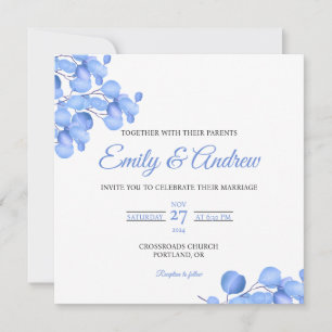 Blaue Wasserfarben-Blumen-Hochzeit im Quadrat-Form Einladung
