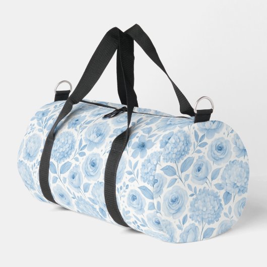 Blaue Wasserfarben-Blumenmuster Duffle Bag (Linke Seite)