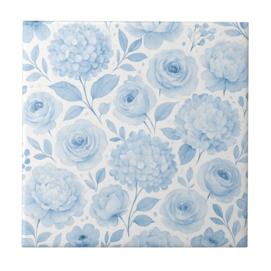 Blaue Wasserfarben-Blumenmuster Fliese (Vorderseite)