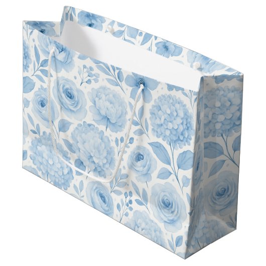 Blaue Wasserfarben-Blumenmuster Große Geschenktüte (Vorderseite Schrägansicht)